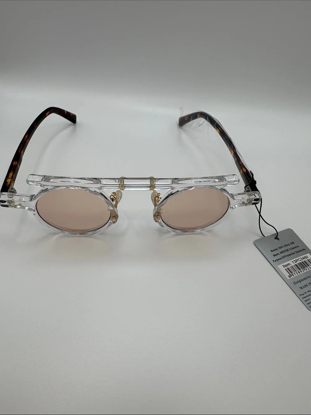 Clear Frame Round Sunglasses with Light Pink Lenses